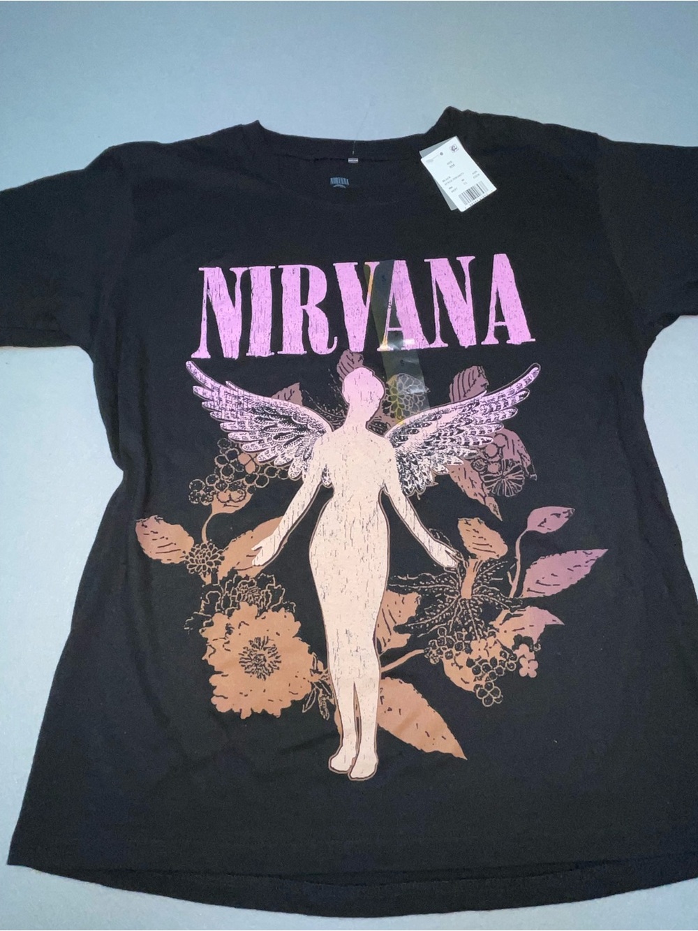 Nirvana In Utero Angel Graphic Band T-Shirt Black Pink Floral Adult Size S 195